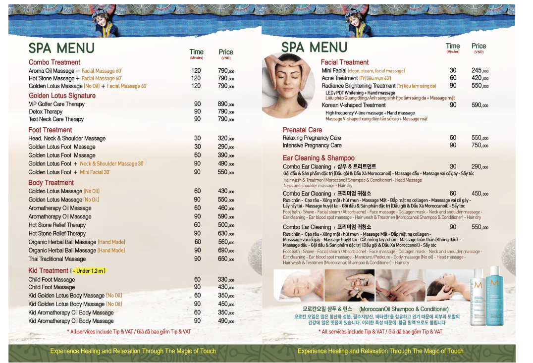 Bảng giá tại Golden Lotus Healing Spa