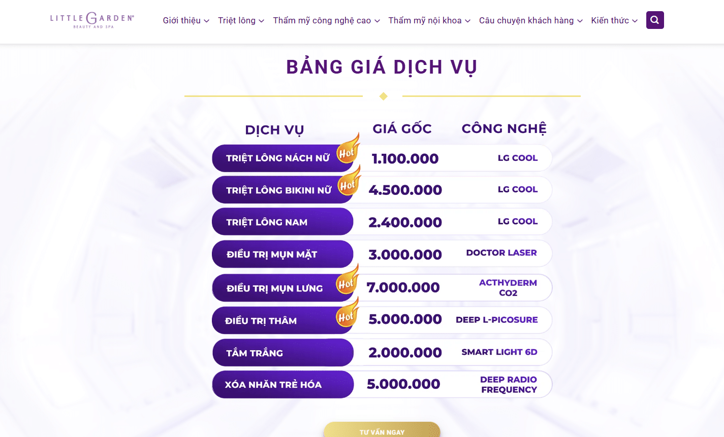 Bảng giá công khai tại trang web
