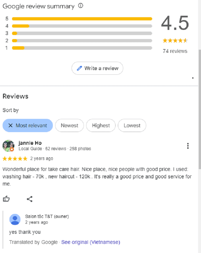 Đánh giá cao về Salon tóc T&T | Nguồn Internet