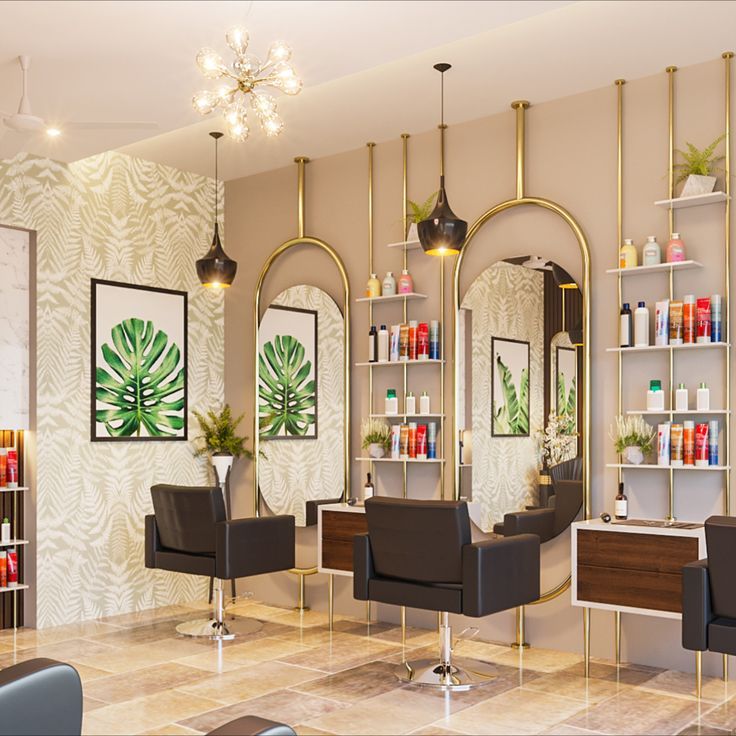 Salon làm tóc thiết kế ánh sáng vàng rực rỡ, sang trọng.