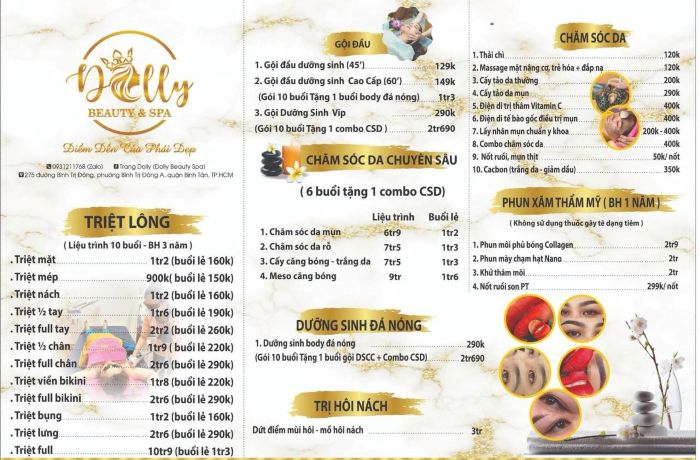 Bảng giá các dịch vụ tại Dolly Beatuy Spa 