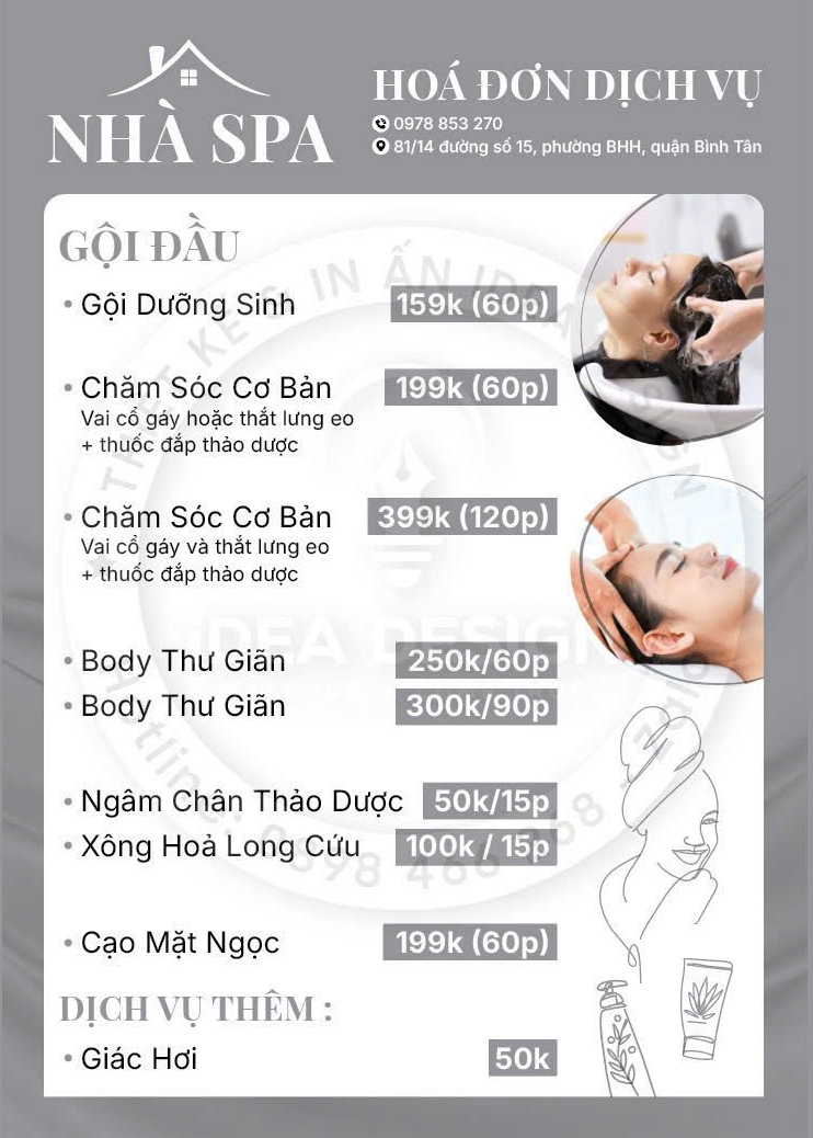 Các dịch vụ tại Nhà Spa cung cấp.
